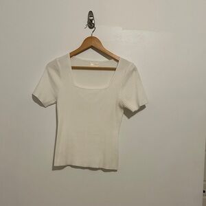 White Ribbed Square Neck Tee
